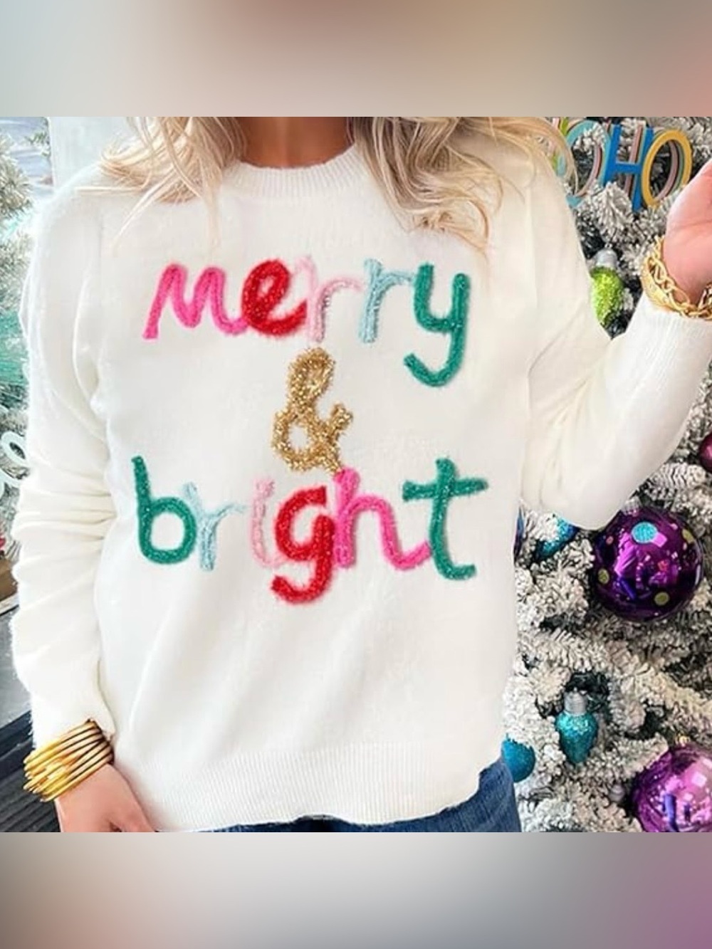 Women’s White 'Merry & Bright' Crewneck Sweater ❤️🎄💚 NWT Medium